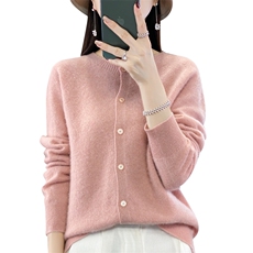 25新款100%纯羊毛开衫女POLO领针织羊绒衫外套宽松纯色长袖打底衫，女装羊毛衫，鲁菏羊绒