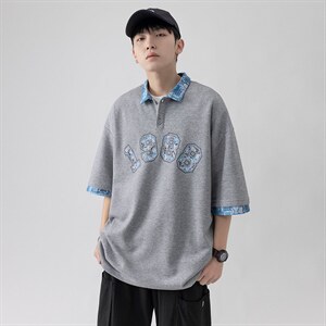 新款优品男士短袖刺绣贴标半开拉链印花T恤宽松上衣ZD3314-P54,男装T恤,星座717