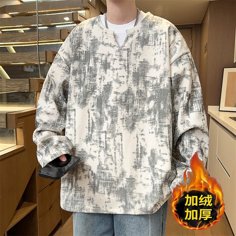 2025数据款V领长袖水墨画T恤*CK74*P25加绒30，男装T恤，星座511-1