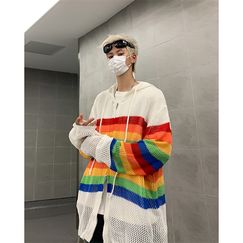 彩虹针织镂空网防晒罩衫上衣男女初秋外套开衫外搭,男装防晒衣,星座410-7
