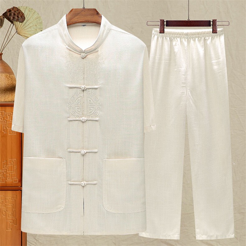 中老年风唐装棉麻短袖衬衫套装男士夏装薄款太极服爷爷套装，男装中老年男装，钱塘723