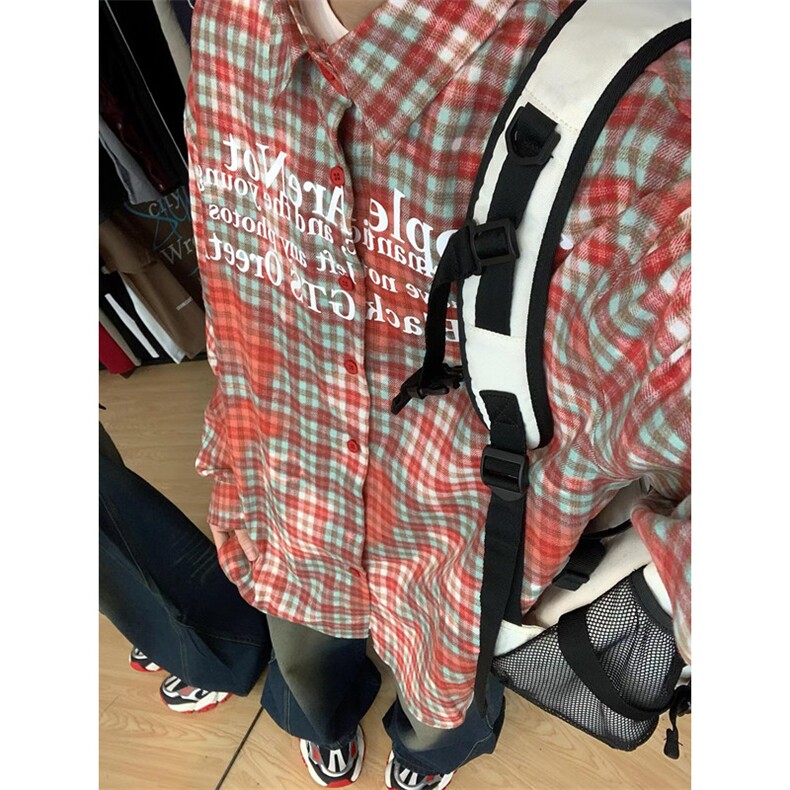 美式字母印花拼色扎染格子衬衫春秋男女宽松衬衣外套潮C3003,男装衬衫,星座1116A（原606A-3）