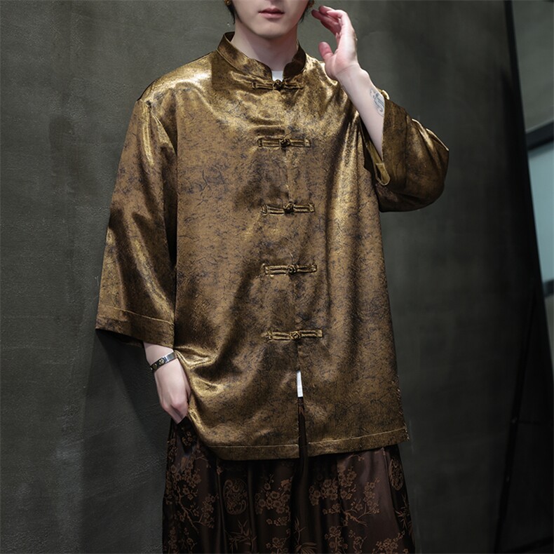 新中式七分袖衬衫/衬衣男士2025夏季新款盘扣上衣A008-CS2461-P60,男装衬衫,电商A008