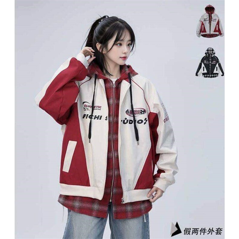 春季新款港风美式潮牌假两件字母印花连帽夹克XZ213-JK6666-P80,男装夹克,星座213