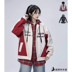 春季新款港风美式潮牌假两件字母印花连帽夹克 XZ213-JK6666-P80图片