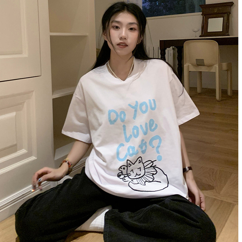 T0697-P30 夏季新款纯棉大码短袖 小清新卡通猫咪小众设计感T恤图片