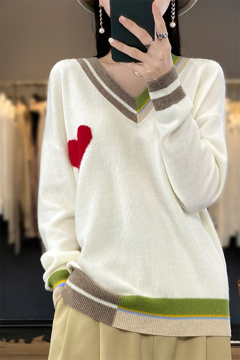 时尚百搭爱心拼接女士羊毛衫V领宽松显瘦毛衣,女装羊毛衫,莺澜羊绒