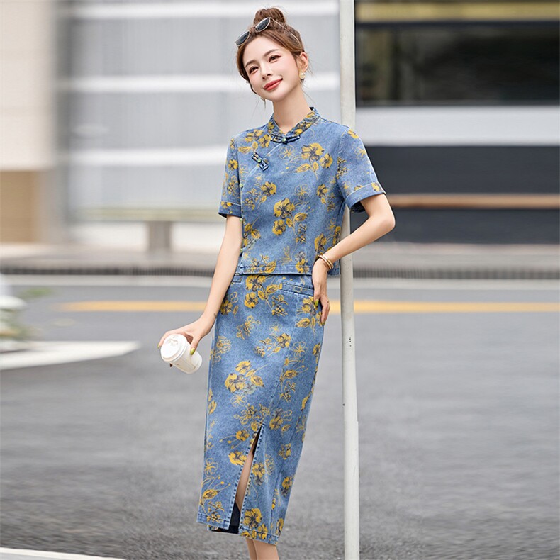 新中式印花牛仔套装女2025夏季爆款小个子复古洋气减龄短裤两件套,女装套装/套裙,众宇琦