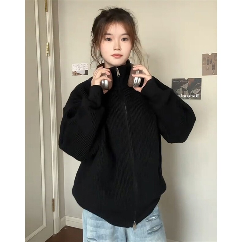 重磅秋冬北极绒双拉链毛衣开衫美式复古休闲慵懒风宽松针织衫外套图片