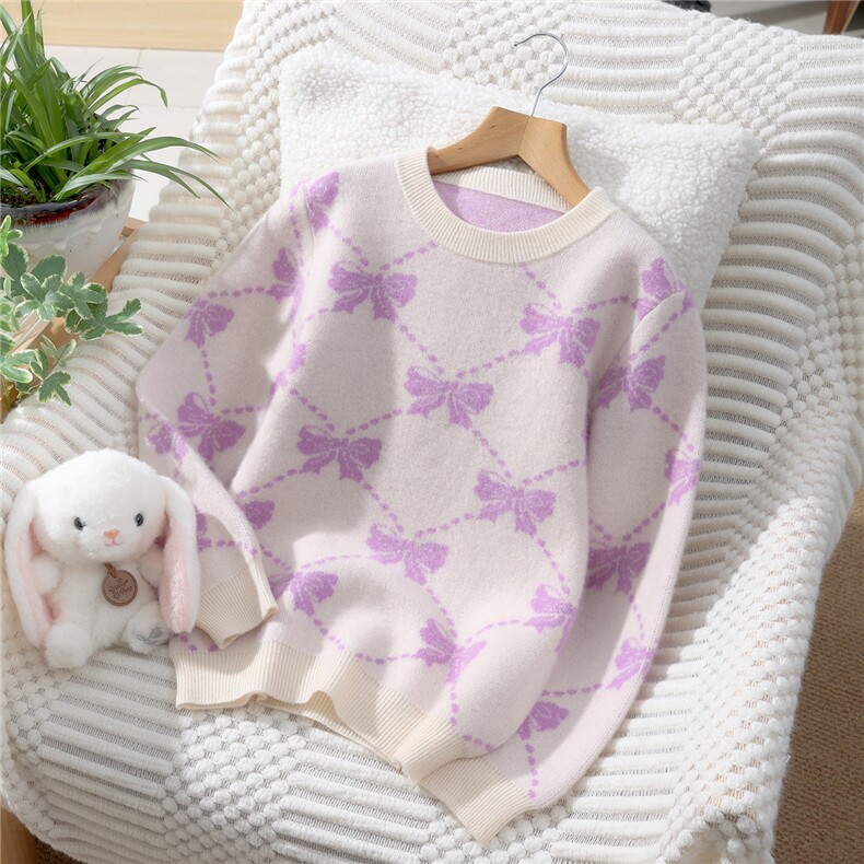 新款百搭四平加厚圆领蝴蝶结，童装儿童羊毛衫，蒙王妃