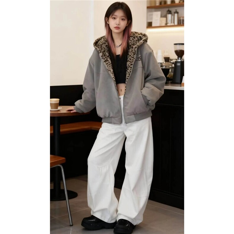 1506-1/MA2751/P88豹纹双面穿棉服连帽设计感美式麂皮绒短款男女,男装棉衣,星座1506-1