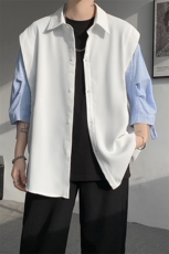 春夏新款假两件宽松拼接飞肩设计感假两件条纹短袖衬衫卫衣特P39，男装卫衣，电商B319