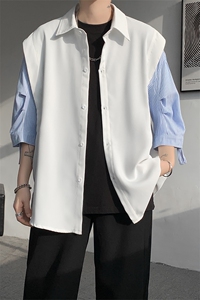 春夏新款假两件宽松拼接飞肩设计感假两件条纹短袖衬衫卫衣特P39图片