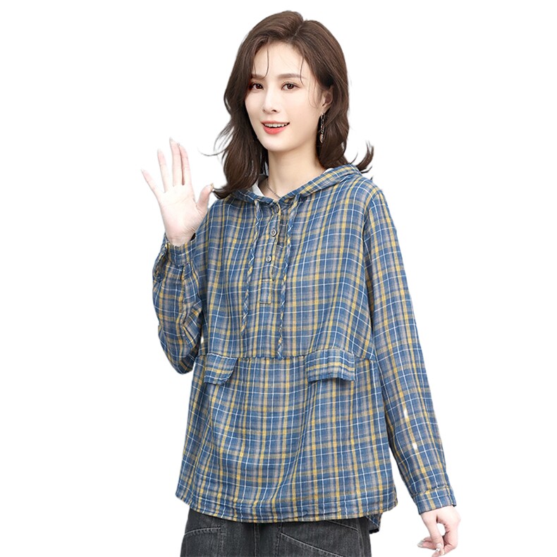 春秋2022年新款中年妈妈休闲大码衬衫休闲棉麻短款衬衣连帽,女装衬衫,叶笙衣
