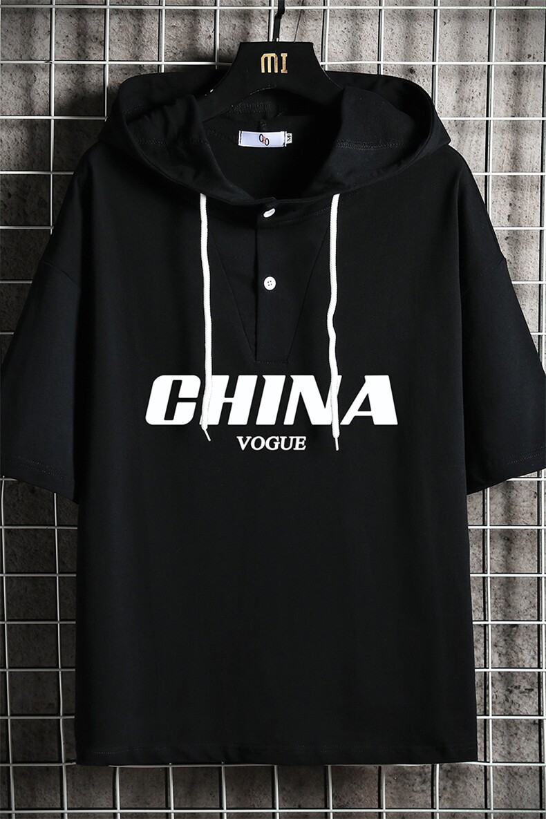 LD54001-P45连帽短袖t恤男大码胖子带帽五分袖中袖网格挂拍,男装T恤,电商A040A