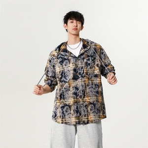 扎染格子连帽衬衫男长袖春季美式复古休闲外套衬衣812-CY553-P68图片