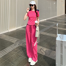 女夏季欧货高端纯色时尚运动休闲套装短袖上衣高腰阔腿长裤两件套，女装套装/套裙，2C310