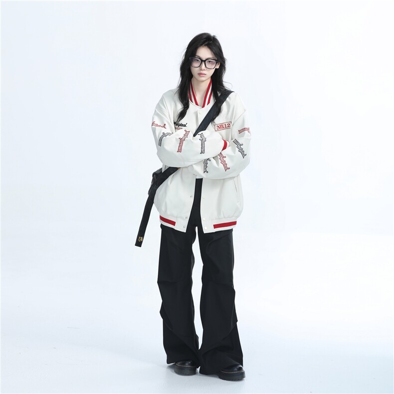 美式复古高街潮牌刺绣拼接撞色夹克外套男女设计感棒球服PU皮衣,男装皮衣,星座715-4