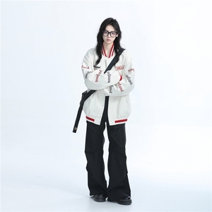 美式复古高街潮牌刺绣拼接撞色夹克外套男女设计感棒球服PU皮衣图片