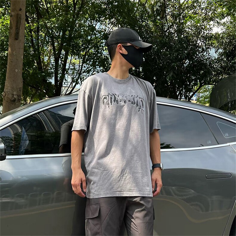 抖音得物供货240克重磅现货宽松美式纯棉水洗做旧印花T恤ATSX09,男装T恤,电商A443