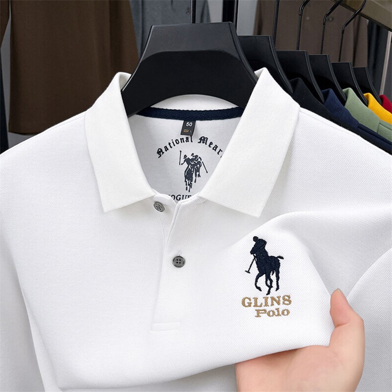 高端长袖t恤男秋冬新款黄色刺绣POLO衫中青年轻奢商务翻领上衣服,男装T恤,电商B212（原钱塘6029）