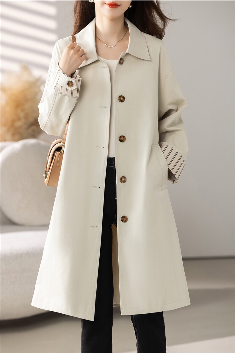 米白色气质中长款风衣外套女2025秋季新款时尚翻领休闲高级感大衣,女装风衣,慕咨