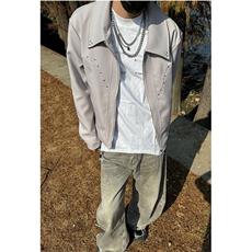 解构廓形翻领工装夹克男装休闲铆钉垫肩外套设计感潮JKH03，男装夹克，星座516A