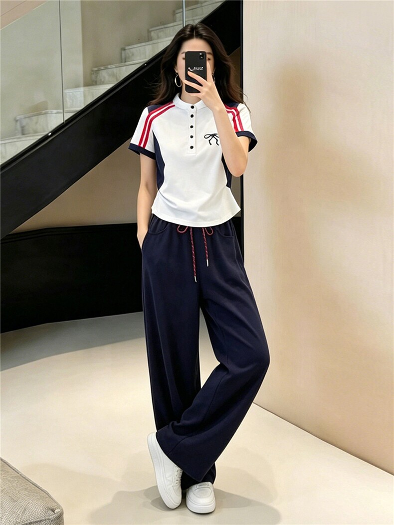 设计款时尚休闲套装女夏款简约百搭条纹拼接短袖上衣阔腿裤两件套,女装套装/套裙,江南