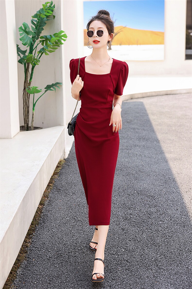 现货新款2025年夏季气质淑女方领高级感收腰显瘦法式连衣裙,女装连衣裙,蓝诺裳