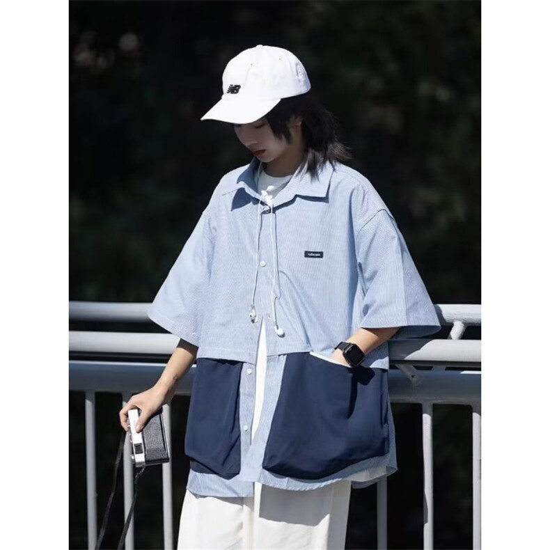 原创拼色假两件潮流套装夏季男款大口袋设计感短袖衬衫撞色短裤,男装休闲套装,星座506A