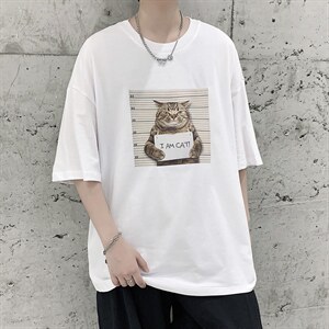 韩系素简监狱猫印花短袖T恤大码宽松男潮517A-1-T916-P28控38图片