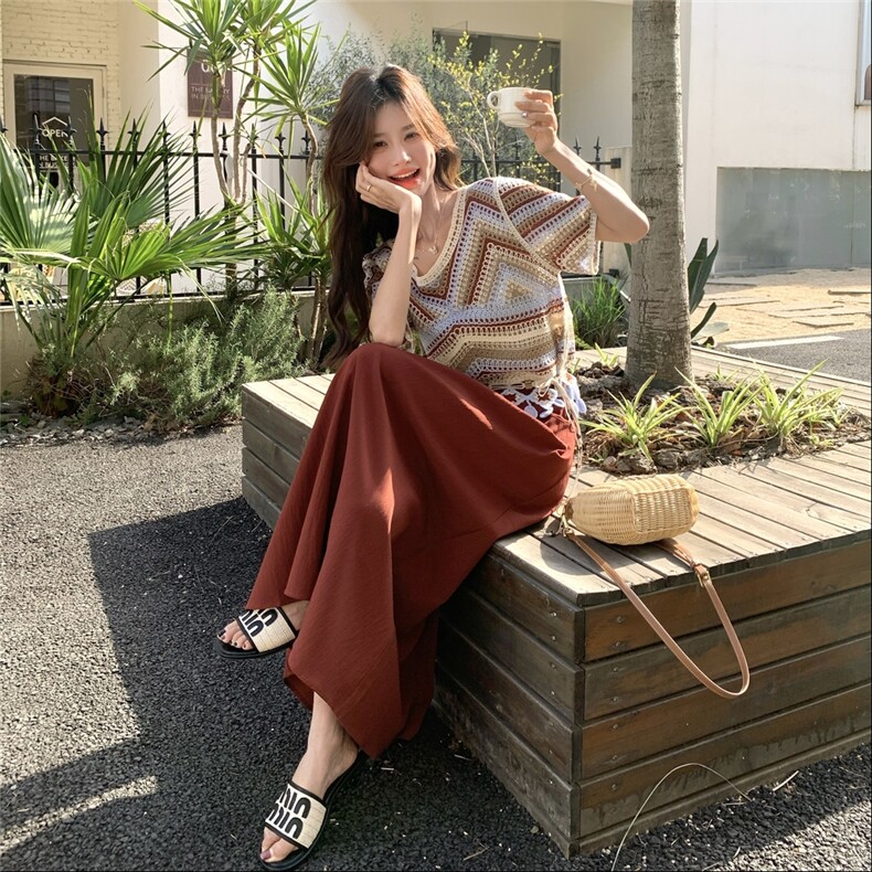 法式复古旅游度假风镂空小衫半身裙套装女夏新款独特超好看两件套,女装套装/套裙,浪娴服饰