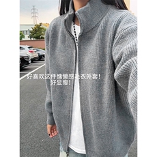 重磅秋冬北极绒双拉链毛衣开衫美式复古休闲慵懒风宽松针织衫外套，男装针织衫/毛衣，电商A486