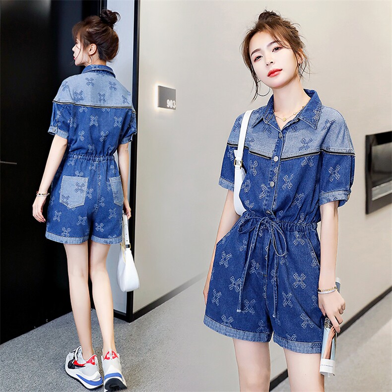 2021夏季新款时尚气质小翻领印花刺绣撞色拼接复古牛仔连体裤，女装连体裤，秋水欣儿