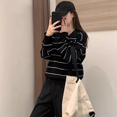 新款v领条纹针织宽松衫时尚休闲慵懒风，女装针织衫/毛衣，锦瑟羊绒