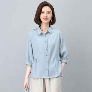 天丝亚麻衬衫女夏季薄款2025新款棉麻上衣休闲洋气妈妈款高贵小衫图片