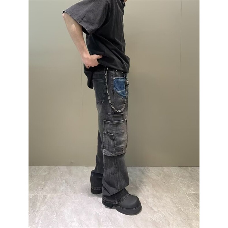 美式复古设计感多口袋做旧拼接牛仔裤男宽松直筒阔腿高街工装裤子,男装牛仔裤,四季星座505