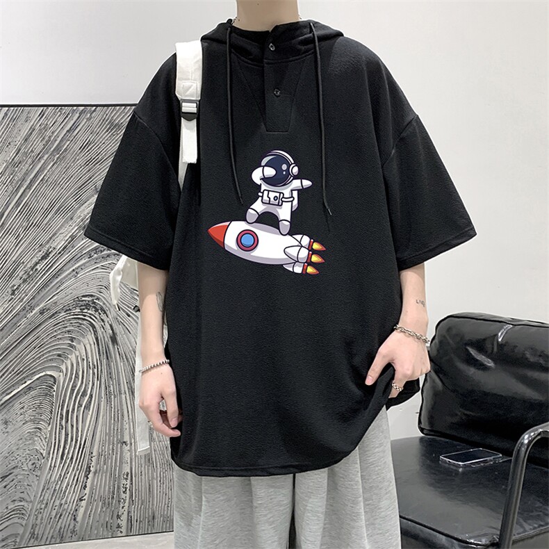 LD54158-P45连帽短袖t恤男大码胖子带帽五分袖中袖大皂风,男装T恤,电商A040