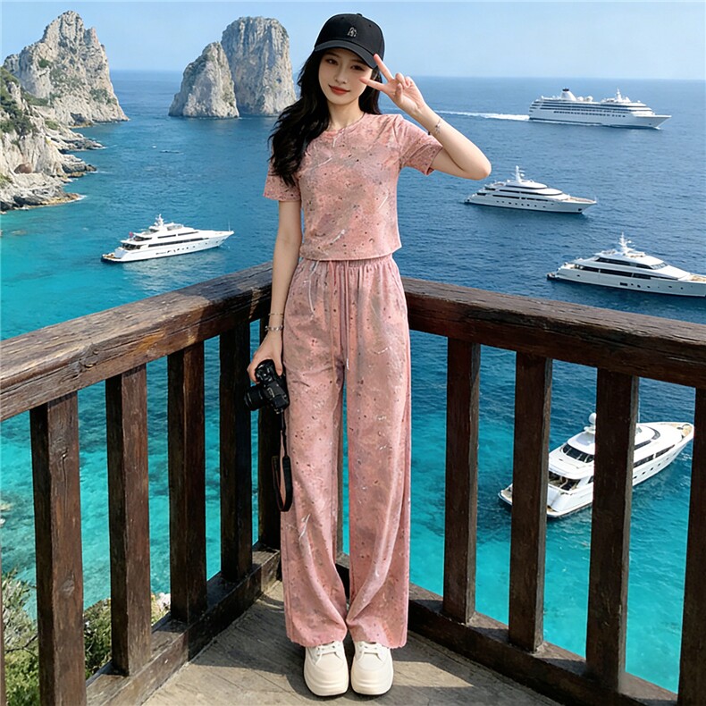 慵懒风通勤休闲运动套装女夏季新款洋气粉色扎染短袖阔腿裤两件套,女装套装/套裙,江南
