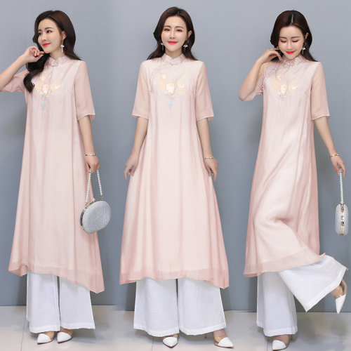 芷墨原创时尚风刺绣连衣裙阔腿裤两件套装茶服,女装套装/套裙,芷墨服饰