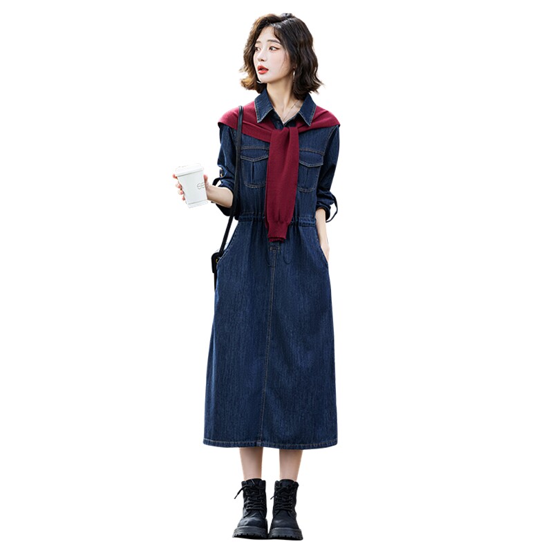法式披肩牛仔连衣裙女装2025年春秋新款时尚气质收腰显瘦两件套潮,女装连衣裙,E百度
