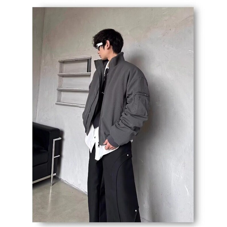 黑色廓形短款棉服男秋冬bomber美式飞行员夹克外套工装立领棒球服,男装夹克,星座506A