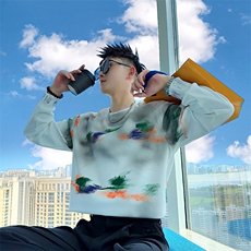 AW219/P78控108秋季社会小伙涂鸦扎染撞色高级感打底卫衣男黑首，男装T恤，星座305B-1