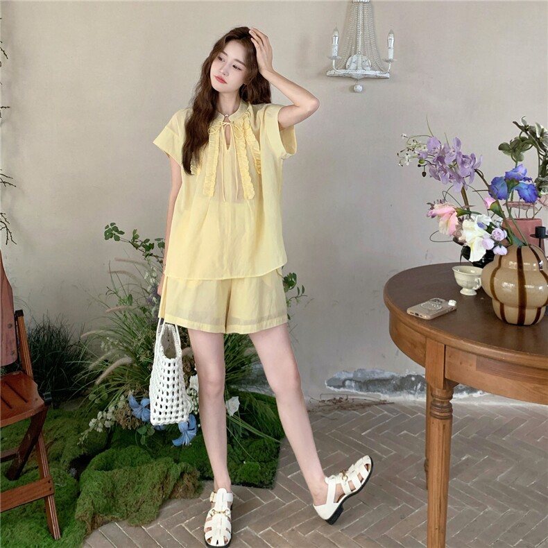 韩版黄色木耳边衬衫短裤套装女2025夏季新款俏皮减龄小个子两件套,女装套装/套裙,2C201