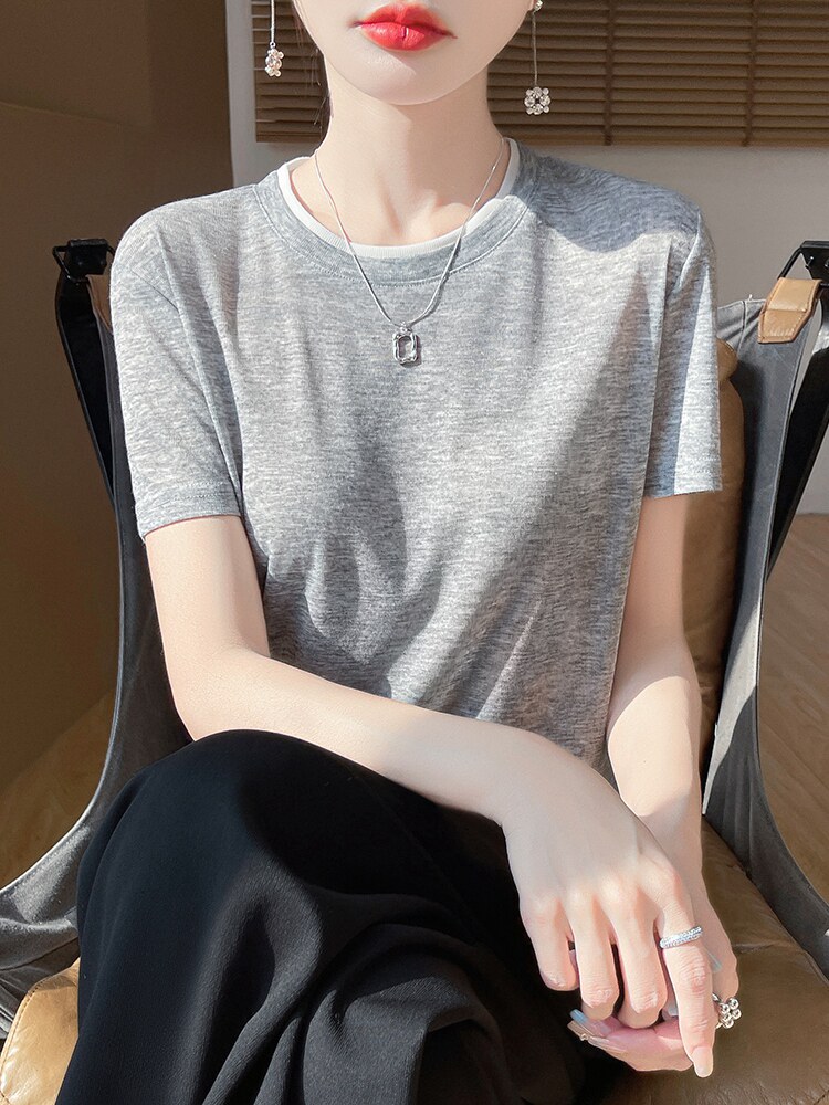 春秋短袖高档新款简约圆领薄款打底衫女t恤针织上衣,针织衫/毛衣,绒宛羊绒
