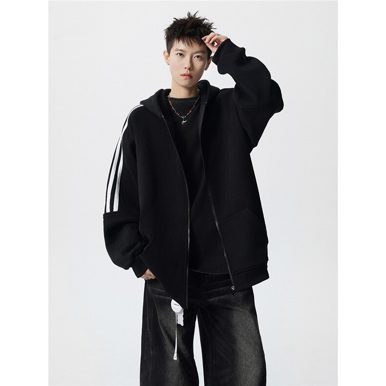 8XL-M秋冬美式运动三条杠条纹开衫卫衣连帽特大码宽松JK5206/P65,男装卫衣,电商B238