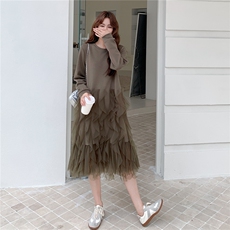 大货卡其绿长袖网纱连衣裙女2026新款秋2C206-L588-P145-K198，女装连衣裙，2C206