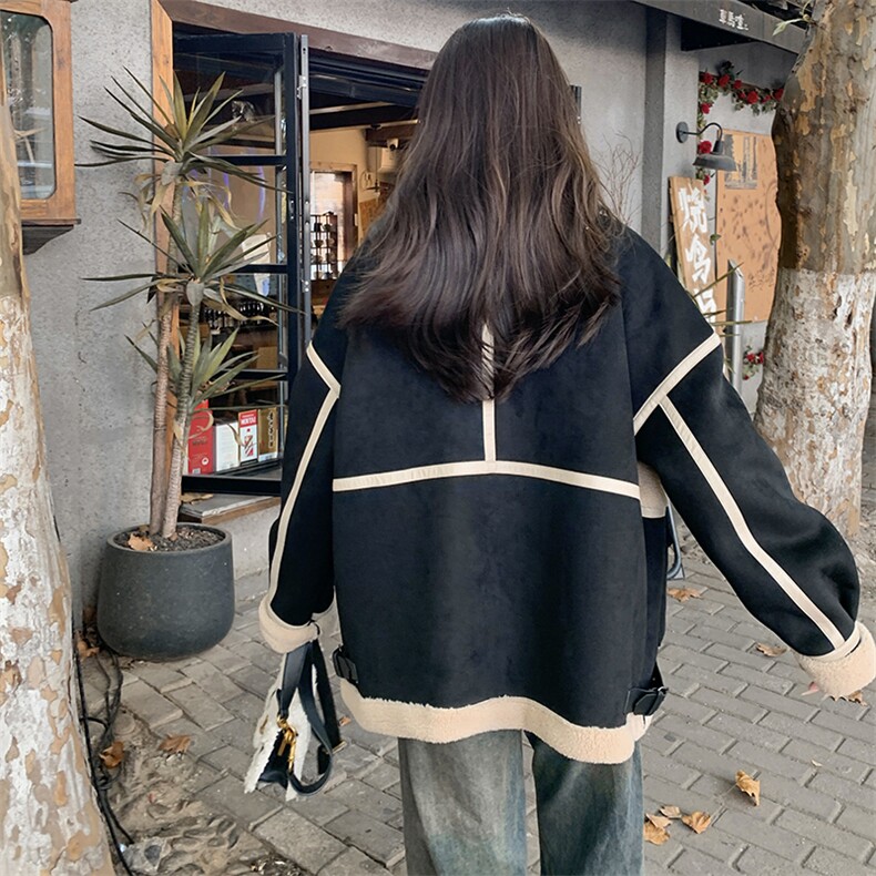 黑色炸街羊羔毛机车服外套女秋冬皮毛一体时尚洋气美拉德毛绒棉服,女装短外套,2C129