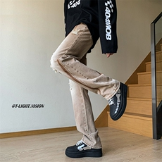 B221美式ins高街小众情侣款破洞微喇牛仔裤LK23001-P65控88，男装牛仔裤，电商B221