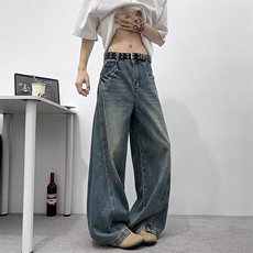 美式复古水洗做旧弯刀牛仔裤男女显瘦廓形宽松拖地阔腿休闲裤NK89，男装牛仔裤，星座601-1
